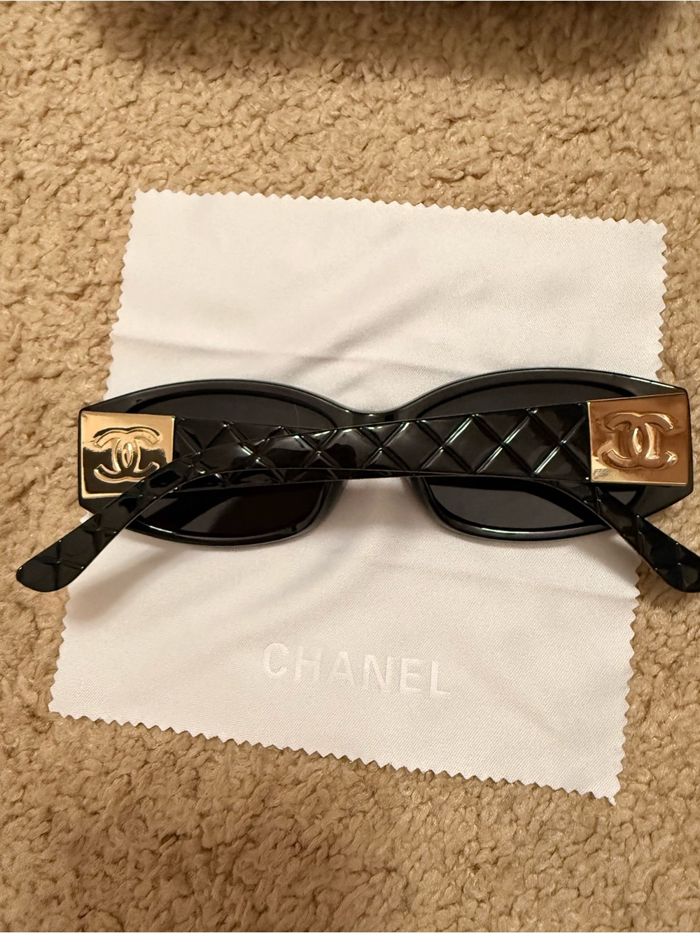 CHANEL Black Quilted Slim Sunglasses with Gold CC Plaques